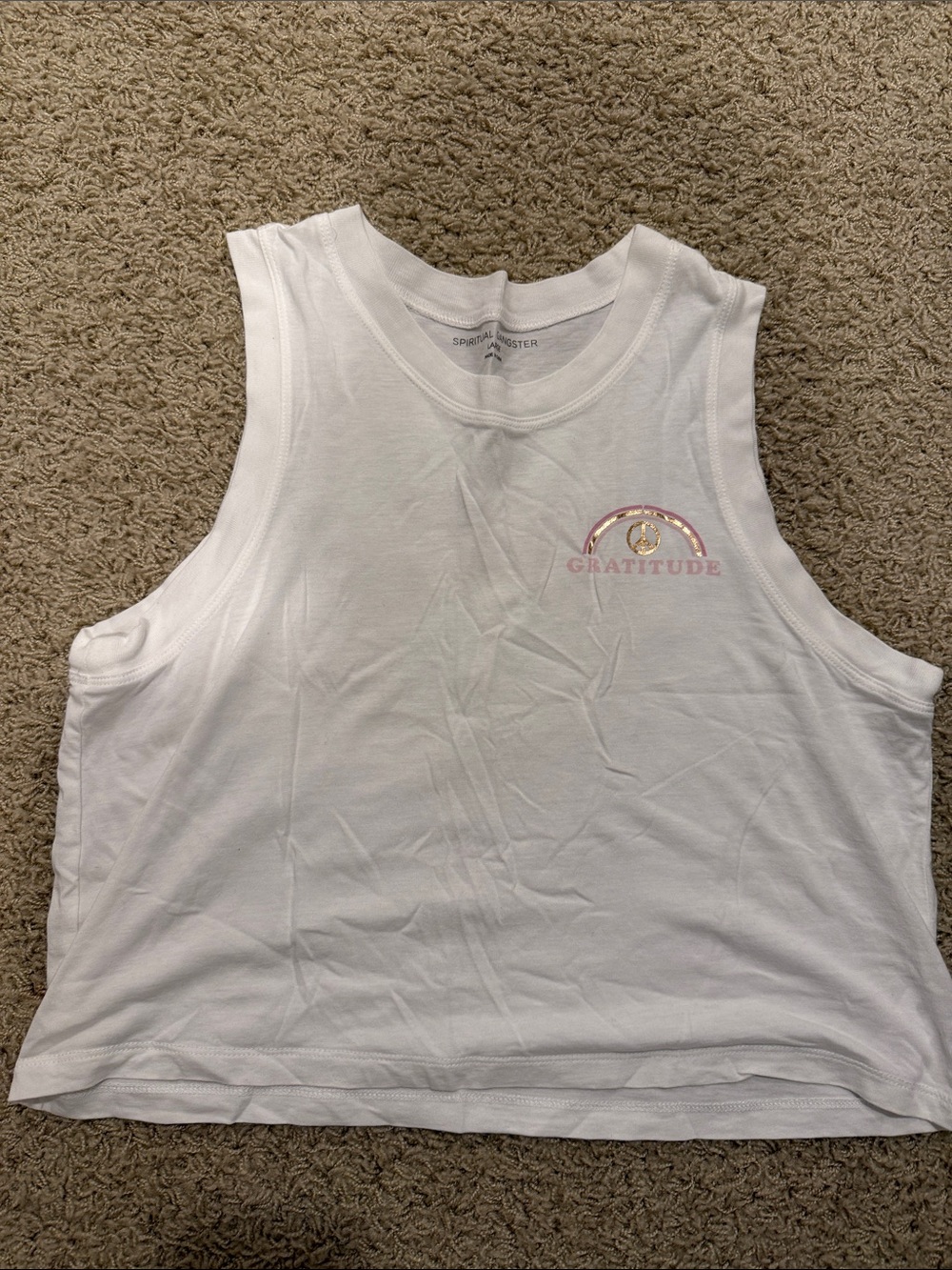 Spiritual Gangster White Cropped Muscle Tank with Pink 'Gratitude' Logo- LRG